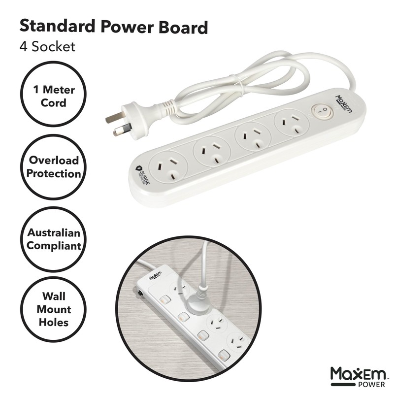 MaxEm Power 4 Way Powerboard with 4 Switch