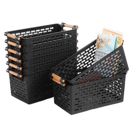 8 PCS Storage Baskets - 12 x 6 x 5 Inches Small Black Plastic Baskets with Handles, Nesting Organizers for Kitchen Shelves