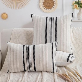 CATOLAT Boho Pillow Covers Set of 2-18x18 Inch Black Decorative Striped Chenille Throw Pillow Covers for Couch, Farmhouse Accent Boho Pillows for Bed Living Room, Bedroom Chair Cushion Cover - Gifts