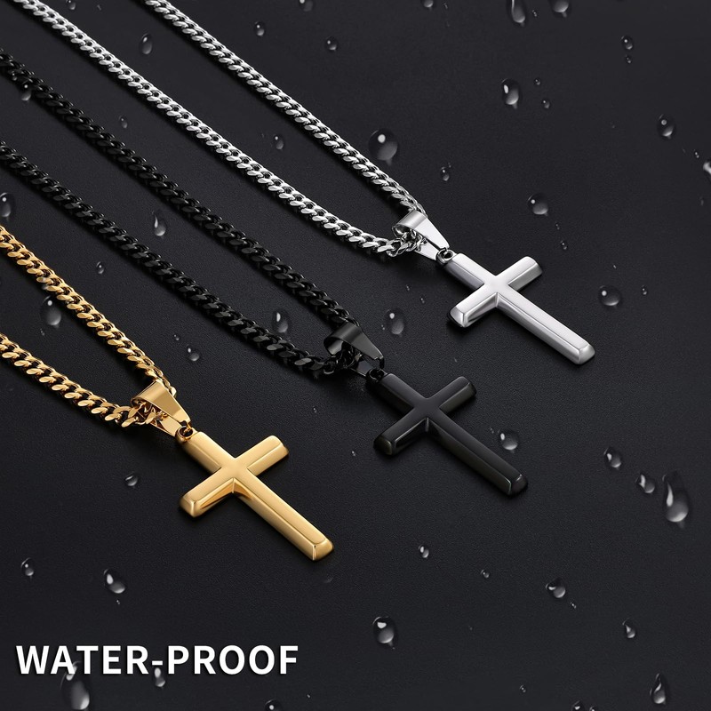 Fiusem Silver Tone Cross Necklace for Men, Beveled Edge Trapezoid