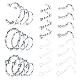 LAURITAMI Nose Piercing Spiral Nose Stud L Shaped Screw Set 20G Stainless Steel Nose Ring Nostril Piercing Silver Diamond, Stainless Steel