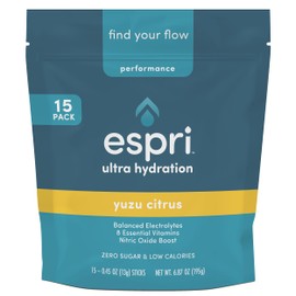 ESPRI Nitric Oxide Boost Performance Drink Mix, Yuzu Citrus, Ultra Hydration, Balanced Electrolytes, 8 Essential Vitamins, 0 Sugar & Low Calories, 15 Day Supply