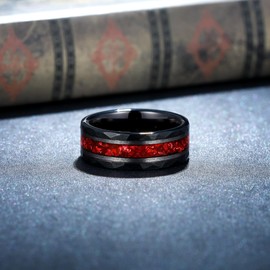 Reseldda 8mm Synthetic Ruby Tungsten Wedding Bands for Men Hammered Black Gold Mens Tungsten Carbide Engagement Rings July's Birthstone Promise Rings for Him Size 8.5