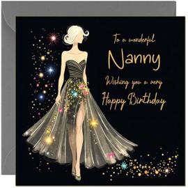 Beautiful Nanny Birthday Card Glitter Sparkle Dress Design Black & Gold - Pretty Birthday Cards for Nanny Nan
