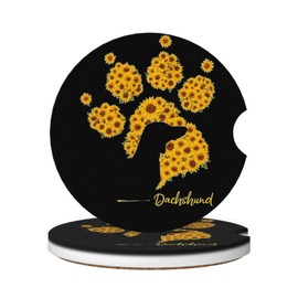 SimpleSteet Absorbent Ceramic Car Coasters for Cup Holders, Dachshund Sunflower Dog Paw Design 2.56" Anti Slip Universal Drink Cup Coasters for Women Men (2 Pack)