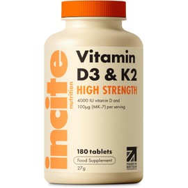 Vitamin D3 K2 (MK7) 100ug - 6 Month’s Supply - High Strength 180 Tablets - Premium Vegetarian Tablets - Suitable for Vegetarian - Vitamin D3, 4000iu & K2 - Made in UK