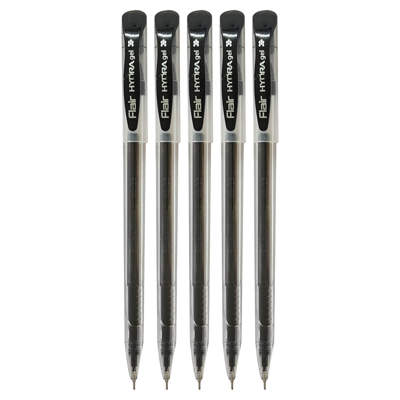 5 x 0.5mm FLAIR Hydra BLACK Gel Pens Easy Grip