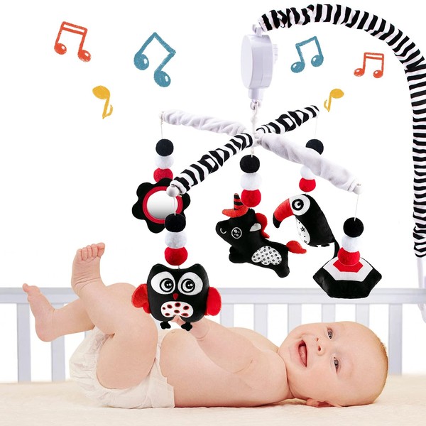 teytoy Baby Mobile Black&White High Contrast Musical Hanging Cot Mobile Crib Toy with Music Box&Rotating Plush Toy for Newborns Age 0 + Montessori Mobile for Crib with Timing Function
