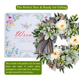 Lambs Ear Wreaths for Front Door Year Round Outside, 20'' Artificial Spring Summer Wreath with Peony Buffalo Bow Green Handmade Farmhouse Home Decor