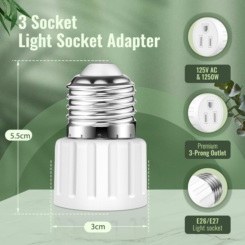 (2 Packs) 3 Prong Light Socket to Plug Adapter, E26