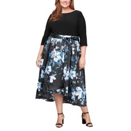 S.L. Fashions Women's Plus Size 3/4 Sleeve Floral High-Low Gown with Pockets, Wedding Guest, Party Dress, Black Multi