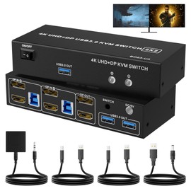 LUKFOCAB Dual Monitor HDMI + DisplayPort KVM Switch 2 Monitors 2 Computers with 3 USB 3.0 Ports, Support 4K@60Hz Copy Extended Splicing Display, Wired Extension Button & 2 USB Cables Included