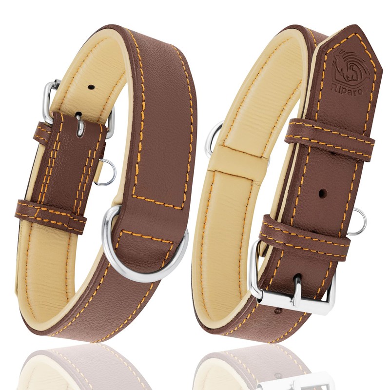 Riparo Brown Leather Dog Collar - Heavy Duty Wide Dog