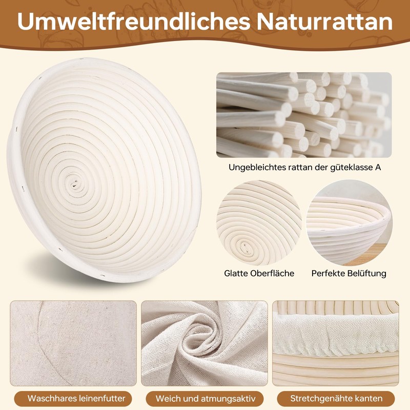 Toyvile 10-Teilig Sauerteig Starter Set, 23 cm Gärkorb Rund, Gärkörbchen