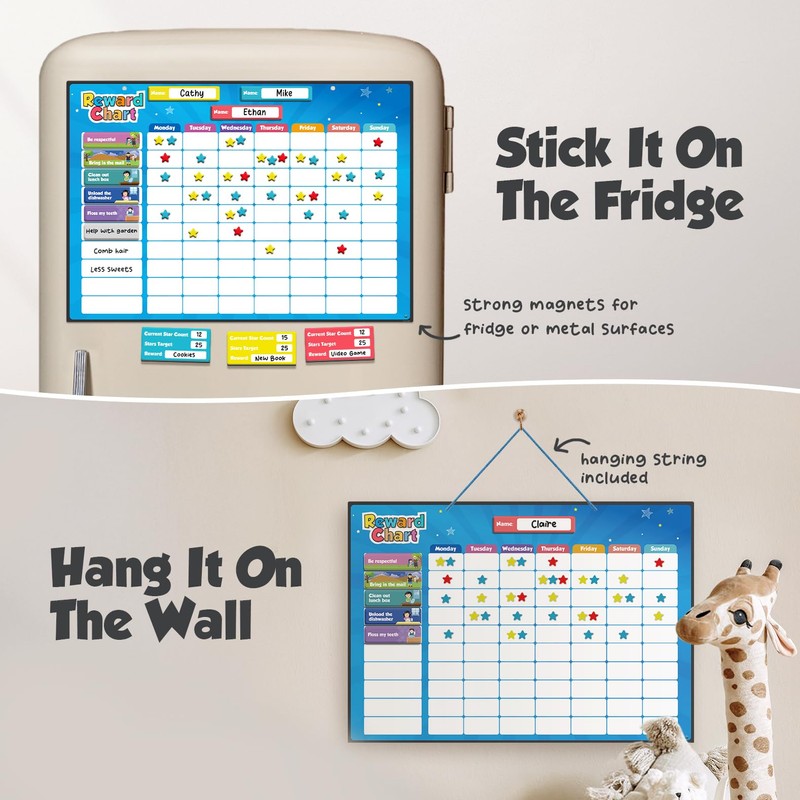 inamio Magnetic Kids Responsibility Reward Chart - Engaging 3D Stars