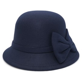 Buywis Womens Felt Cloche Bowler Hat Bowknot Fedora Bucket Hat 1920s Vintage Derby Church Hats Navy Blue