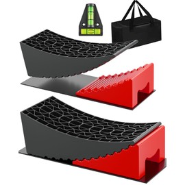 RV Leveling Blocks Ramp Kit, 2 Packs Camper Leveler System for Travel with Two Chocks, 2 Anti-Slip Mats, 1T Bubble Level and Carry Bag, Up to 35000 LBS, Easier & Faster to Level Camper-Red