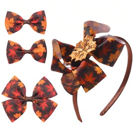 Vsdski Fall Headband Glitter Maple Leaf Hair Bow Clips Set Thanksgiving Bows Hair Accessories for Woman Girls Brown Bowknot Hair Bands Autumn Harvest Party Headpiece Decor 4PCS