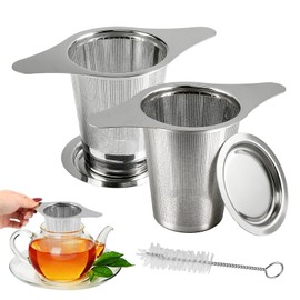 Meirivrn 2Pcs Stainless Steel Tea Infuser with Lid, Reusable Loose Leaf Tea Steeper Ultra Fine Mesh TeaStrainer with Double Handles, Large Capacity Teapot Filter Fits Mugs Cups