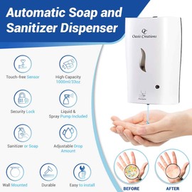 Oasis Creations Automatic Soap Dispenser, White, Touch Free Electronic, Auto Hand Sanitizer Sensor Dispenser, Liquid or Spray, Wall Mount, Commercial or Residential - 1000 mL/33 oz
