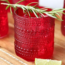 Kate Aspen Red Hobnail Vintage Drinking Glasses Set of 6-10 oz Beaded Glassware for Cocktails, Tea, Water, Juice | Ribbed Retro Glass Cups for Entertaining, Gift Giving or Bar Decor