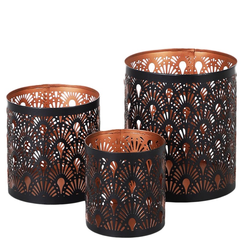 Set of 3 Oriental Tea Light Holders Zalia Metal Black