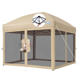 Quictent 10’x10’ Pop up Canopy Tent with Netting, One Person Instant Setup Screen House Room Tent Screened- 2 Magnetic Doors Waterproof (Tan)