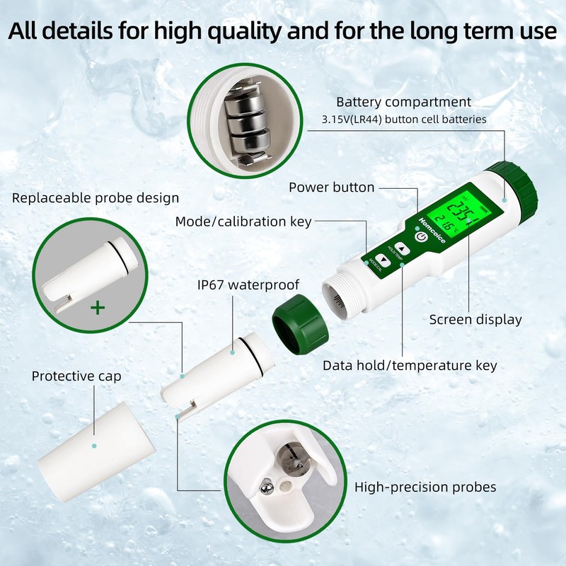 Homcoice PH Meter 4 in 1 pH H2 ORP Temperature