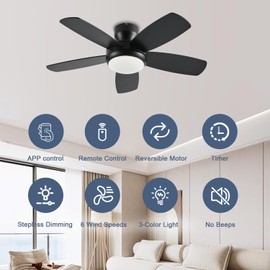 KNUN 42 Inch Ceiling Fan with Light and Remote/App Control, Low Profile Ceiling Fans with Lights,Flush Mount, Double-sided Blades, 3CCT, Dimmable, Noiseless, Black Ceiling Fan for Indoor/Outdoor Use