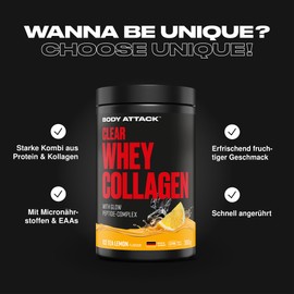 Body Attack Clear Whey Collagen 300 g - Ice Tea Lemon - Mit Glow Collagen Komplex für Muskeln, Haut & Knochen - Collagen Pulver auf Basis von CFM Whey Protein, mit Hyaluronsäure, Kupfer & Vitamin C