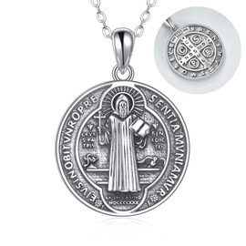 Saint Benedict Necklace 925 Sterling Silver NR Cross Catholic Protection Pendant Coin Jewelry Gifts for Women
