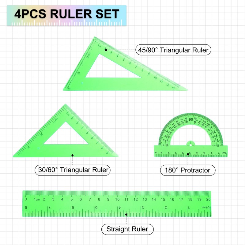 HARFINGTON 4pcs Triangular Ruler Set 20cm Plastic Metric Inch Geometric