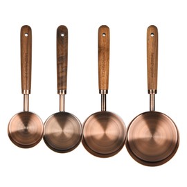 Smithcraft Copper Measuring Cups & Spoons Set 8, Stainless Steel Measuring Cups and Spoons Set for Baking and Kitchen, Metric & US Metal Measure Cup & Spoon with Wood Handle for Dry & Liquid