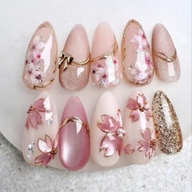Medium Almond Press on Nails Pink False Nails with 3D Pearl Flower Design Glossy Gold Lines Fake Nails Glitter Stick on Nails Full Cover Light Pink Glue on Nail for Women Girls Manicure 24Pcs
