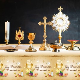 Mantel de primera comunión, 3 piezas, rectangular Mi Primera Comunión, fundas de mesa de plástico, suministros para fiesta de primera comunión, manteles desechables para comunión, manteles desechables