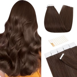 Tess Tape Extensions Real Hair Medium Brown #4 Tape Hair Pieces Tape-In Hair Extensions, Remy Human Hair Straight, 10 Pieces, 14 Inches (35 cm) – 20 g