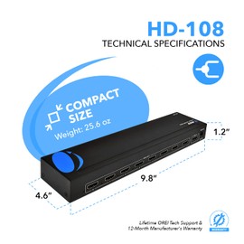 OREI 1080p 1x8 HDMI Splitter, - 1 Port to 8 HDMI Display Duplicate/Mirror - Powered Splitter Ver 1.3 Certified for Full HD 1080P High-Resolution 3D Support (One Input To Eight Outputs)