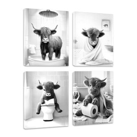 HyeeArt Funny Highland Cow Bathroom Wall Art Prints, Vintage Black and White Rustic Style Cute Bathroom Cow Canvas Art Prints for Bathroom Restroom Decor, Farmhouse Wall Decor