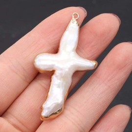 LE SKY 4 Pcs Natural Pearl Pendants Irregular Cross Shape Cultured Freshwater White Baroque Pearl Charms for Jewelry Making Gift