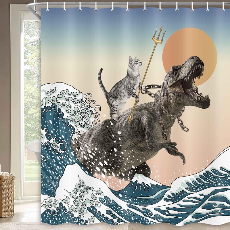 MCKTOM Funny Shower Curtain Cat Dinosaur Japanese Ocean Wave Shower