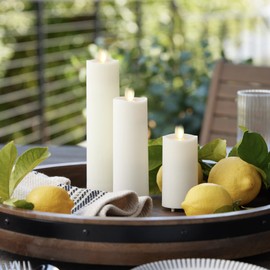 Luminara Outdoor Slim Pillar Flameless LED Candle, Set of 3 Ivory, Moving Flame Weather Resistant Remote Timer Ready Battery Operated Safe Melted Edge