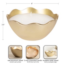 Kate and Laurel Alessia Scalloped Round Metal Candle Bowl, 8 Inch Diameter, Gold, Modern Three-Wick Unscented Candle with Decorative Bowl for Living Room Decor