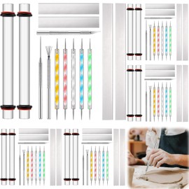 Feifeiya 60 Pcs Polymer Clay Cutter Tools Acrylic Rolling Pin Thickness Rings Clay Slicer Blade Carving & Dotting Tools and Mini Cutters for Jewelry Making Earring Crafting Pottery and Sculpting