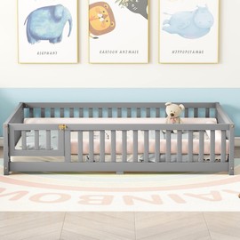 DNYN Full Size Floor Bed for Kids Bedroom,Solid Wood Bedframe w/Door/Safety Guardrails/Wood Slat Support/Easy Assemble/Space Saving Design/No Box Spring Needed, Gray