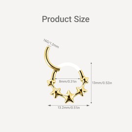 BCMON 18K Gold PVD G23 Titanium Star Septum Clicker Nose Ring 16G 8mm