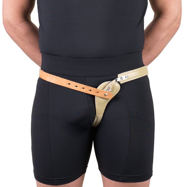 Hernia Truss, Single Spring, Scrotal Pad Compression, Leather, 34 inch Hip (Left)