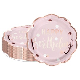 LeZakaa 25Pcs Birthday Paper Plates - Happy Birthday Lettering in Pink Rose Gold Foil Design Disposable Party Plates Decorative Tableware Supplies Table Decor - 9 Inch