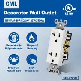 CML 20 Amp Decorator Wall Receptacle, Decor Electrical Outlets, 20A/125V, Residential and Commercial Use, Non-Tamper-Resistant, UL Listed, White, 50 Pack