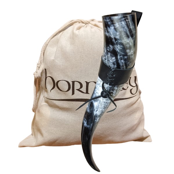 Hornerey Viking Drinking Horn 0.7 L with Belt Holder Made of Real Leather, Real Medieval Drinking Horn, Methorn, LARP XXL Drinking Horn 0.7 L, 1 Piece (Pack of 1)