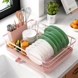 Kitsure Dish Drying Rack- Space-Saving Dish Rack, Dish Racks for Kitchen Counter, Kitchen Drying Rack with a Cutlery Holder, 12''W x 15''L, Pink
